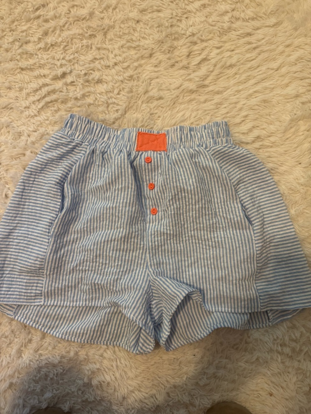 Light Blue & White Striped Casual Shorts with Orange Accent